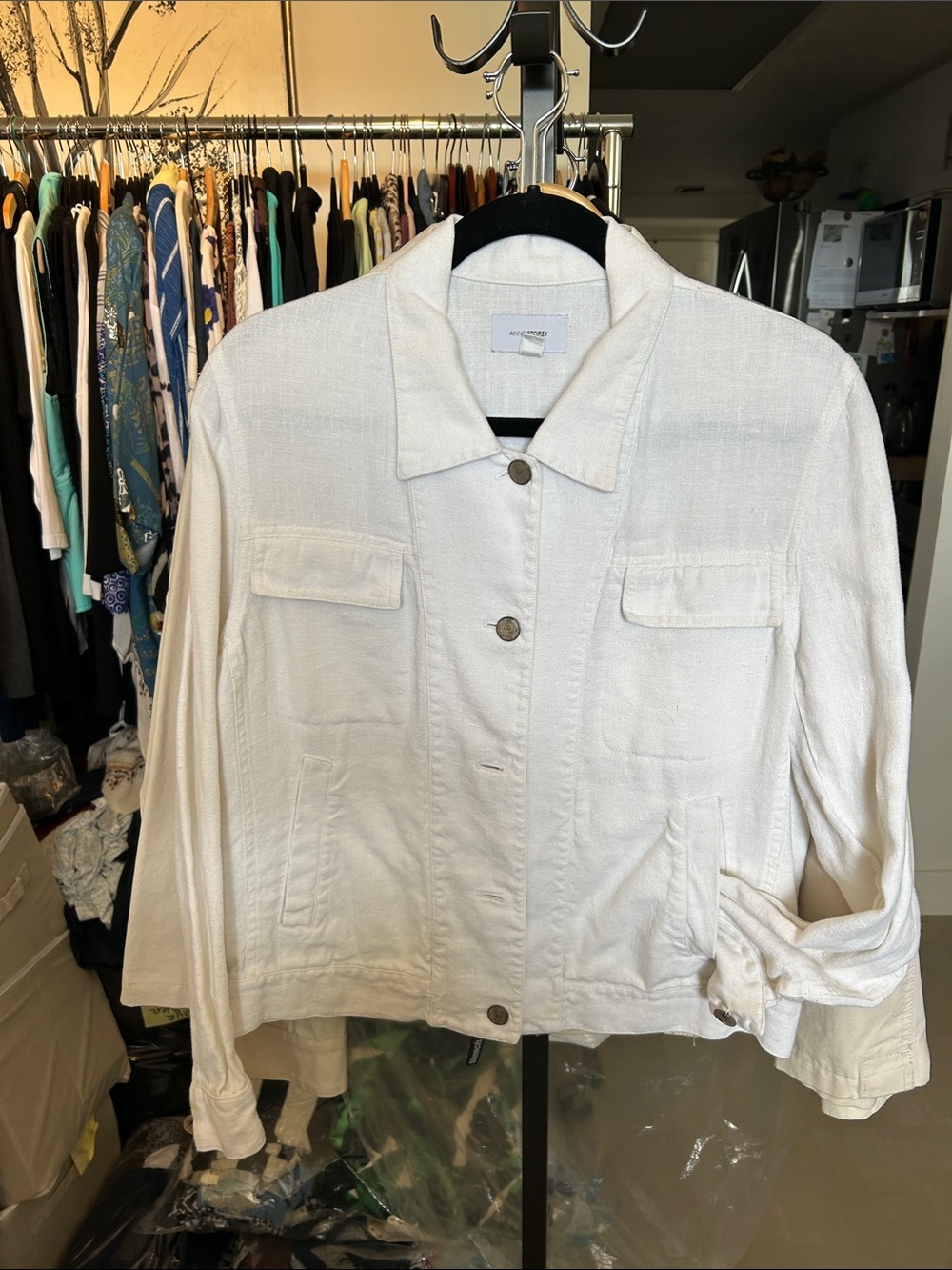 Anne Storey Cream/white Button-Front Jean Jacket. Front & side pockets.